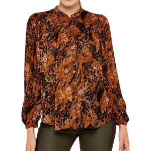 Apricot‎ Sz 8 Meadow Chiffon Abstract Peasant Sheer Blouse Brown Balloon Sleeve